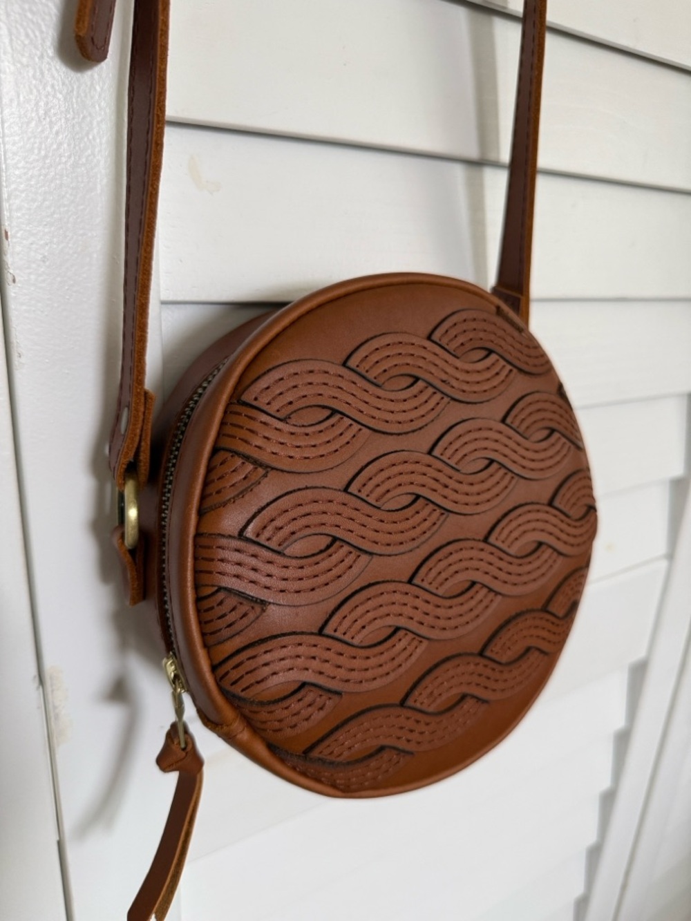 Portland Leather Tan Round Crossbody Bag with Wave Stitching